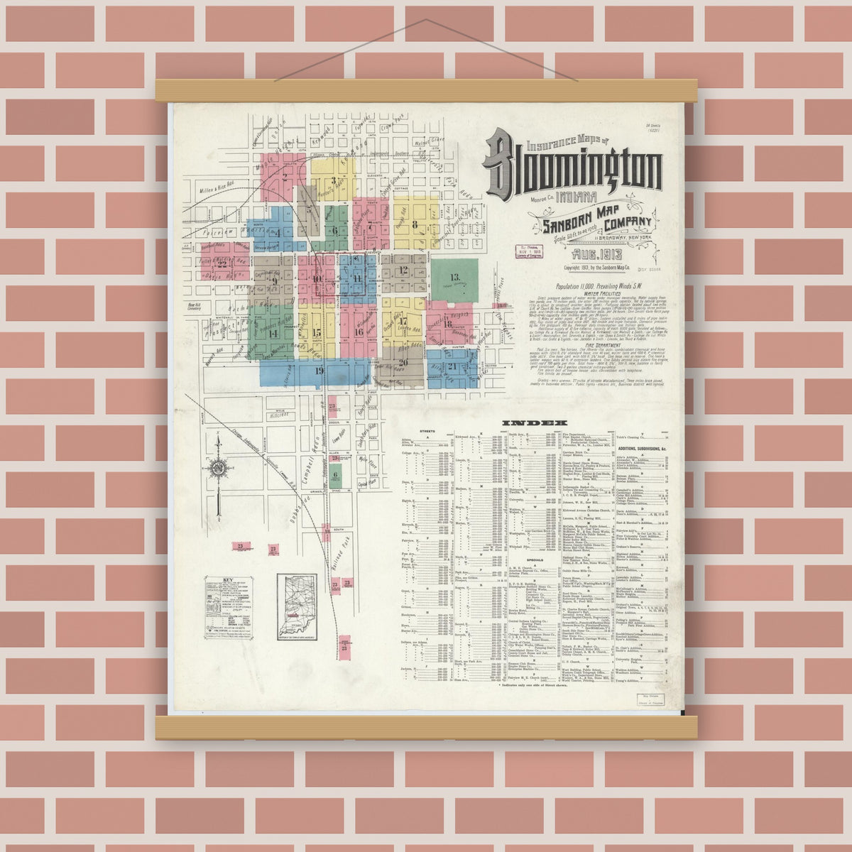 Old map wall art mockup — magnetic wood frame on brick wall — Sanborn Fire Insurance Map from Bloomington, Monroe County, Indiana (1913) - Complete Map Set