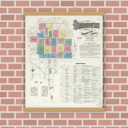 Old map wall art mockup — magnetic wood frame on brick wall — Sanborn Fire Insurance Map from Bloomington, Monroe County, Indiana (1913) - Complete Map Set