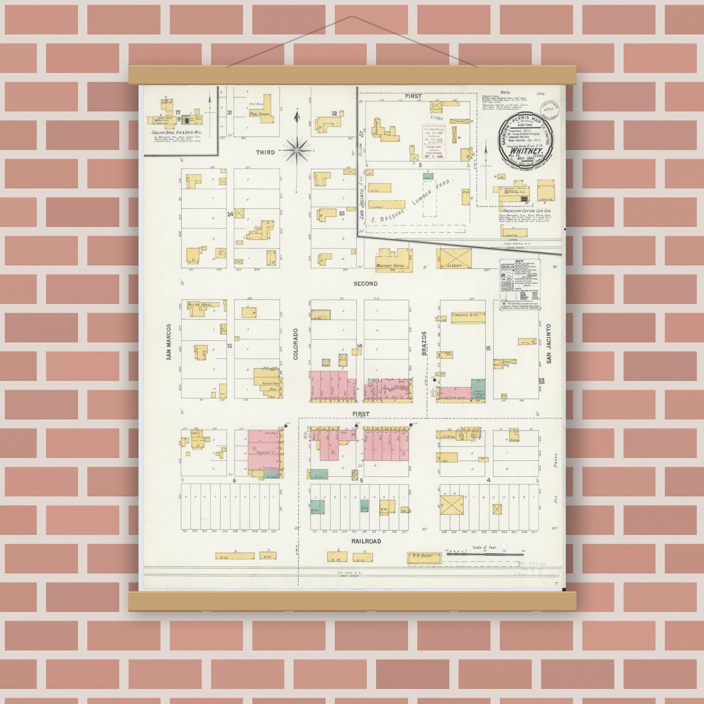 Old map wall art mockup — magnetic wood frame on brick wall — Sanborn Fire Insurance Map from Whitney, Hill County, Texas (1900), Sheet #0001