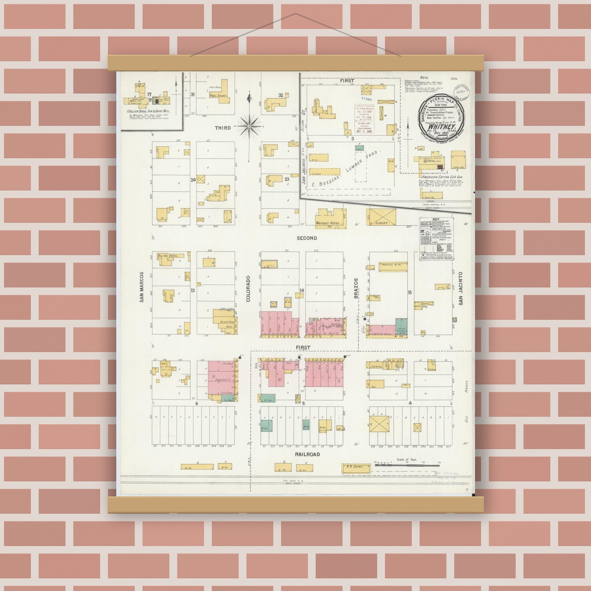 Old map wall art mockup — magnetic wood frame on brick wall — Sanborn Fire Insurance Map from Whitney, Hill County, Texas (1900), Sheet #0001