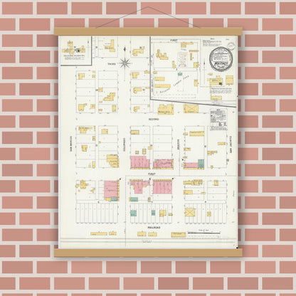 Old map wall art mockup — magnetic wood frame on brick wall — Sanborn Fire Insurance Map from Whitney, Hill County, Texas (1900), Sheet #0001