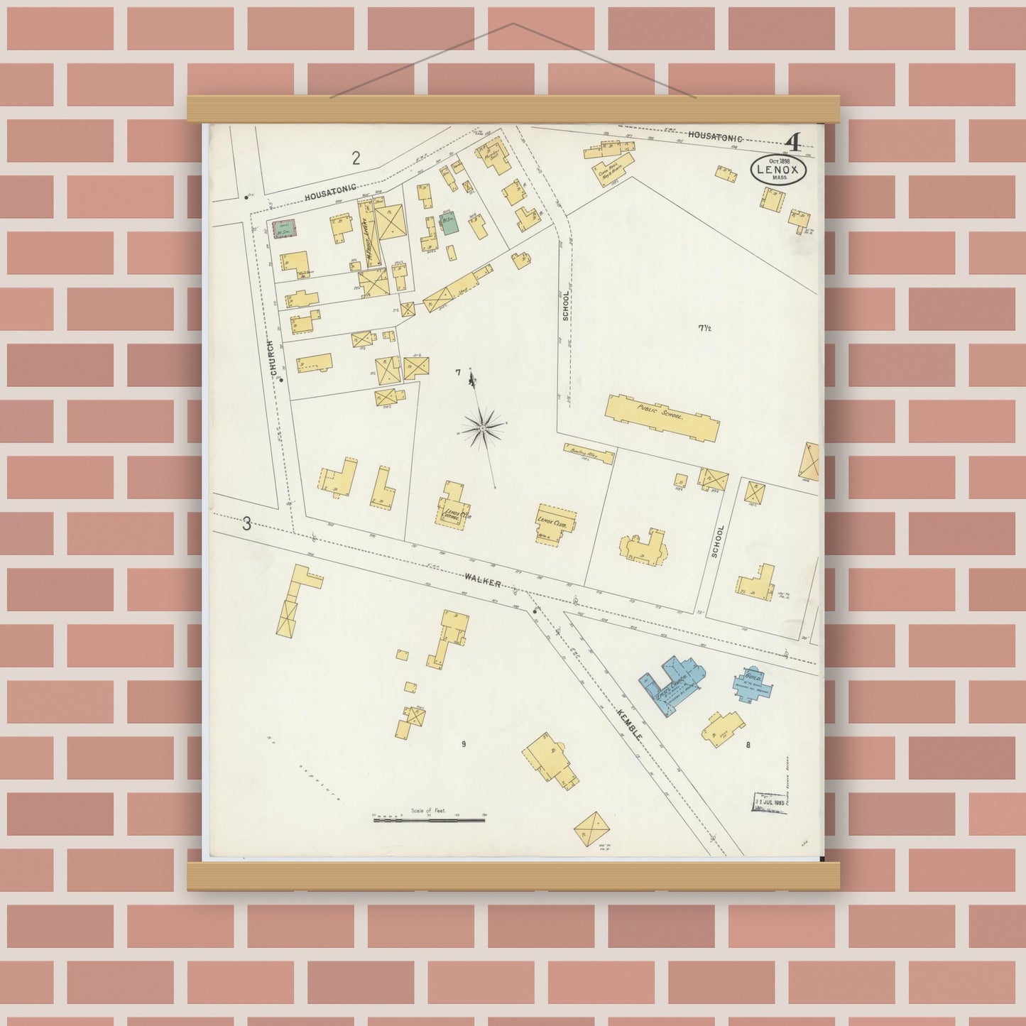 Old map wall art mockup — magnetic wood frame on brick wall — Sanborn Fire Insurance Map from Lenox, Berkshire County, Massachusetts (1898), Sheet #0004