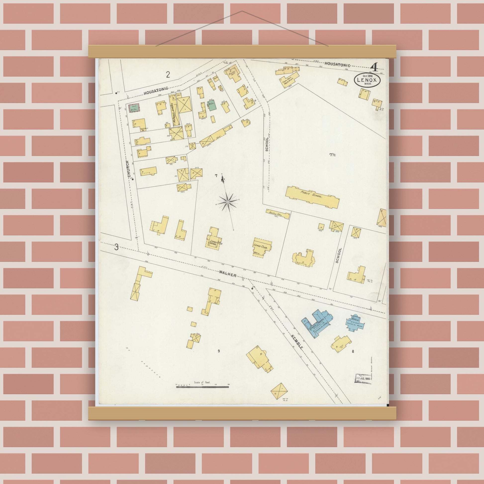 Old map wall art mockup — magnetic wood frame on brick wall — Sanborn Fire Insurance Map from Lenox, Berkshire County, Massachusetts (1898), Sheet #0004