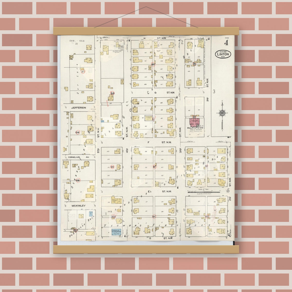 Old map wall art mockup — magnetic wood frame on brick wall — Sanborn Fire Insurance Map from Linton, Greene County, Indiana (1948), Sheet #0004