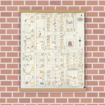 Old map wall art mockup — magnetic wood frame on brick wall — Sanborn Fire Insurance Map from Linton, Greene County, Indiana (1948), Sheet #0004