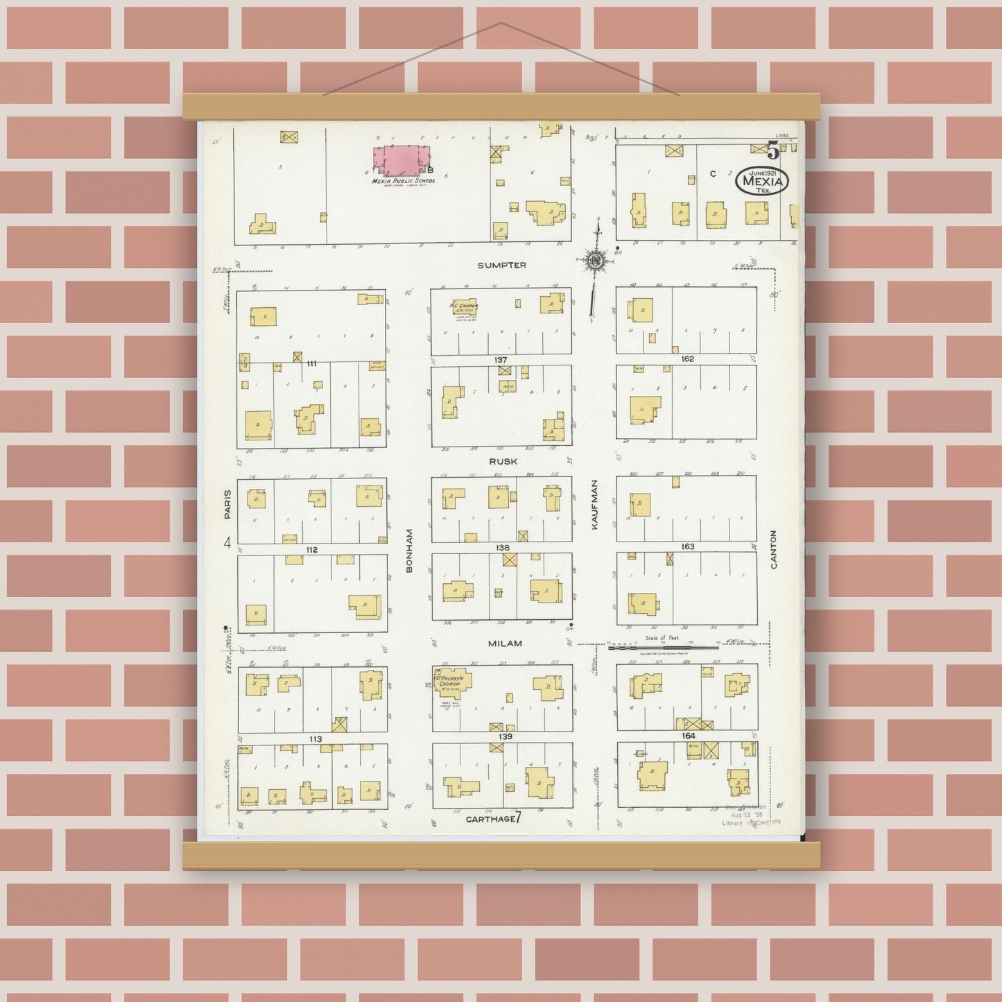 Old map wall art mockup — magnetic wood frame on brick wall — Sanborn Fire Insurance Map from Mexia, Limestone County, Texas (1921), Sheet #0005