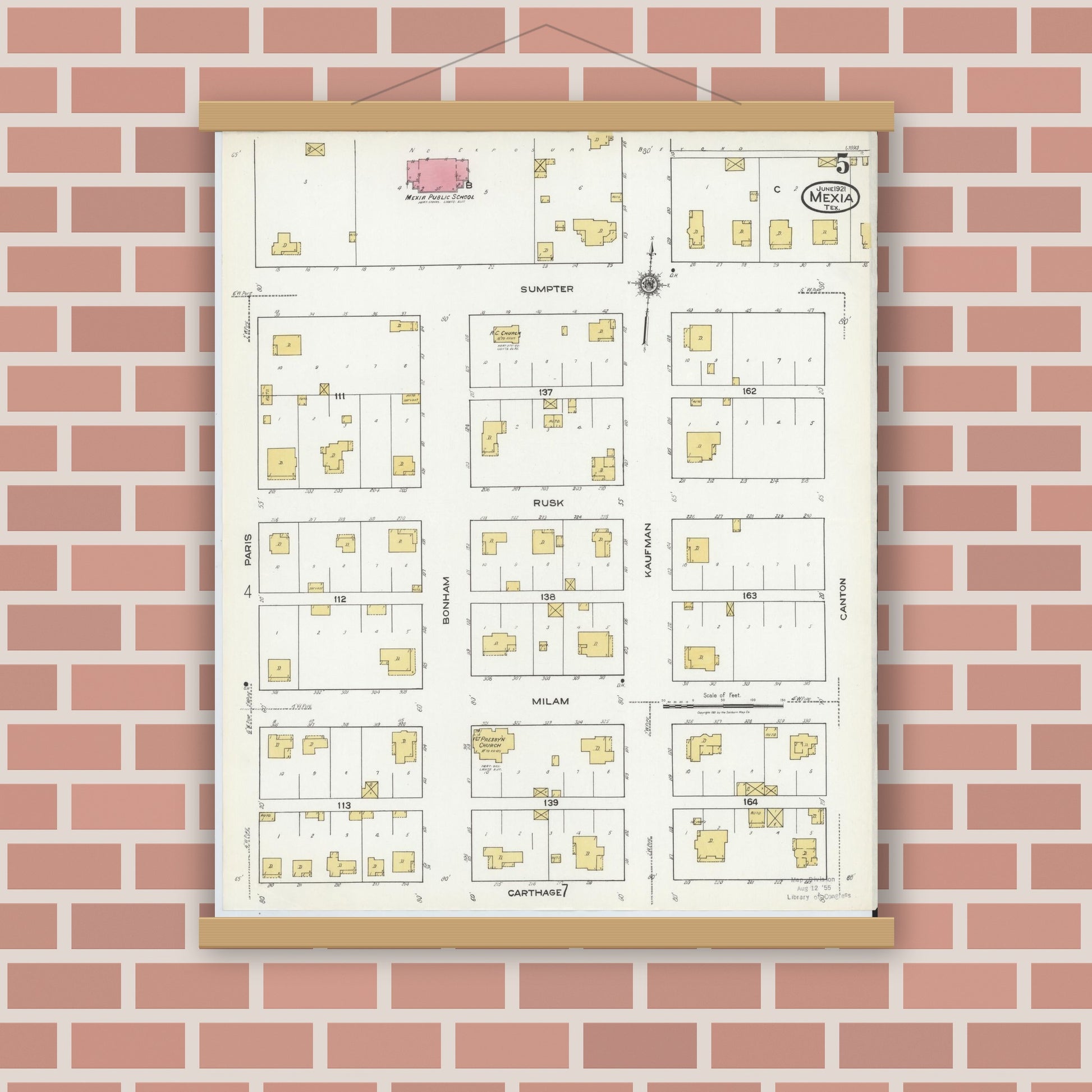 Old map wall art mockup — magnetic wood frame on brick wall — Sanborn Fire Insurance Map from Mexia, Limestone County, Texas (1921), Sheet #0005