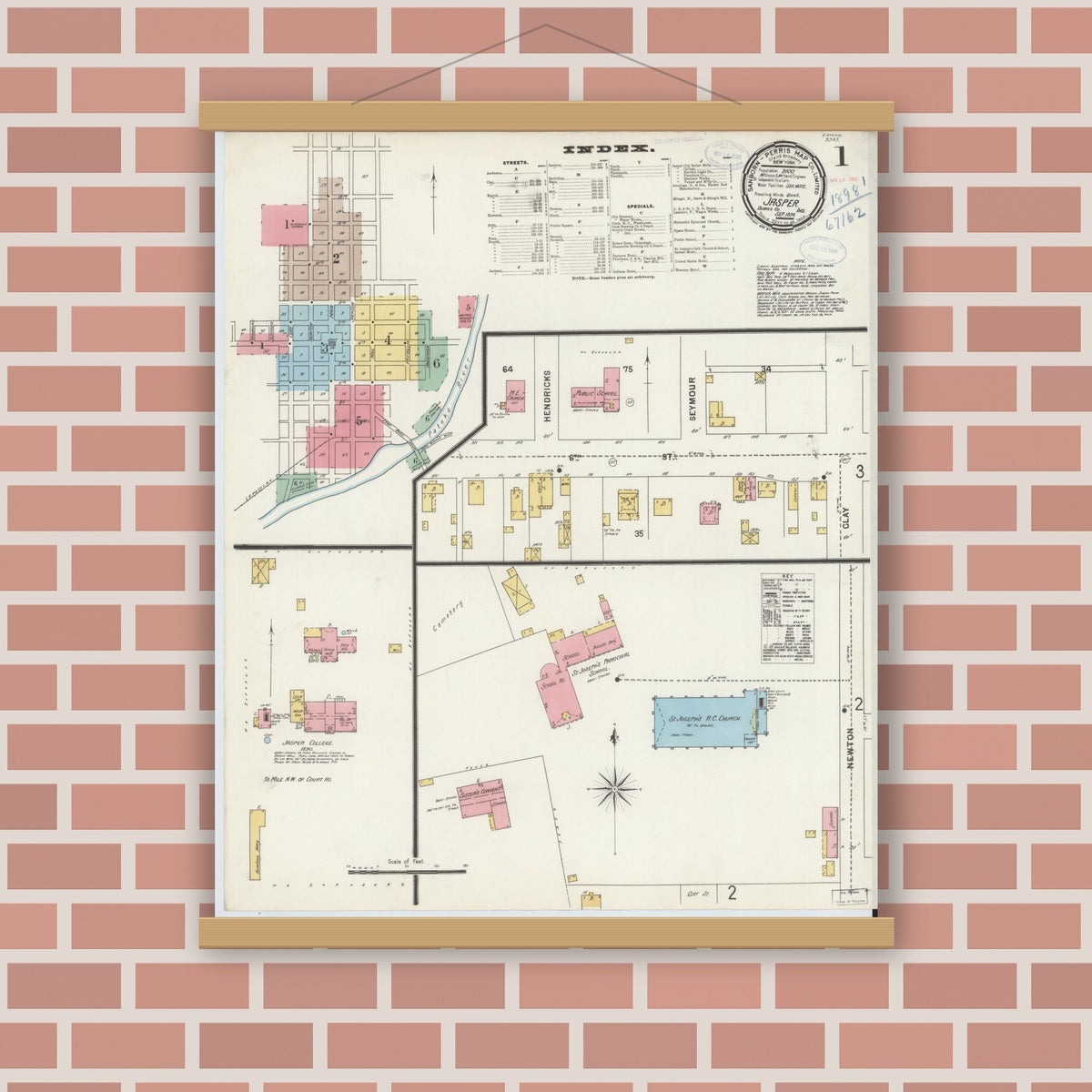 Old map wall art mockup — magnetic wood frame on brick wall — Sanborn Fire Insurance Map from Jasper, Dubois County, Indiana (1898), Sheet #0001