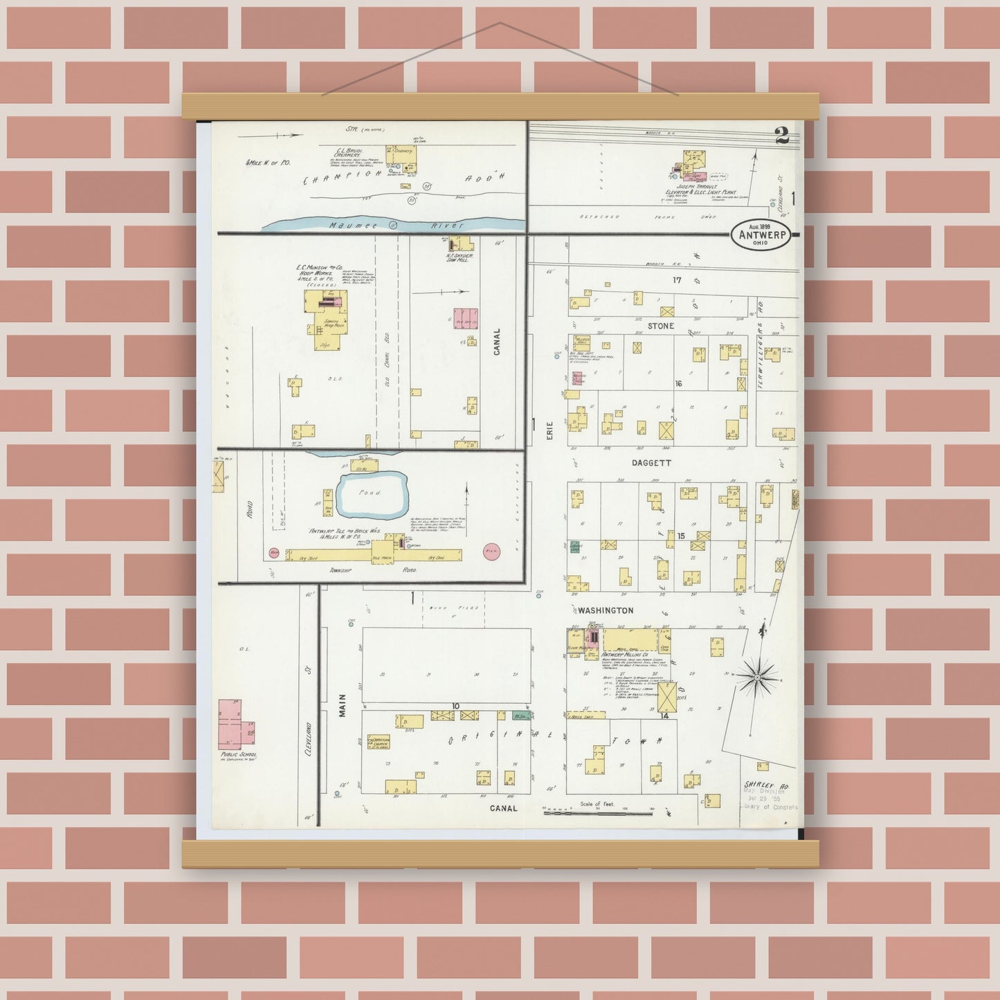 Old map wall art mockup — magnetic wood frame on brick wall — Sanborn Fire Insurance Map from Antwerp, Paulding County, Ohio (1899), Sheet #0002