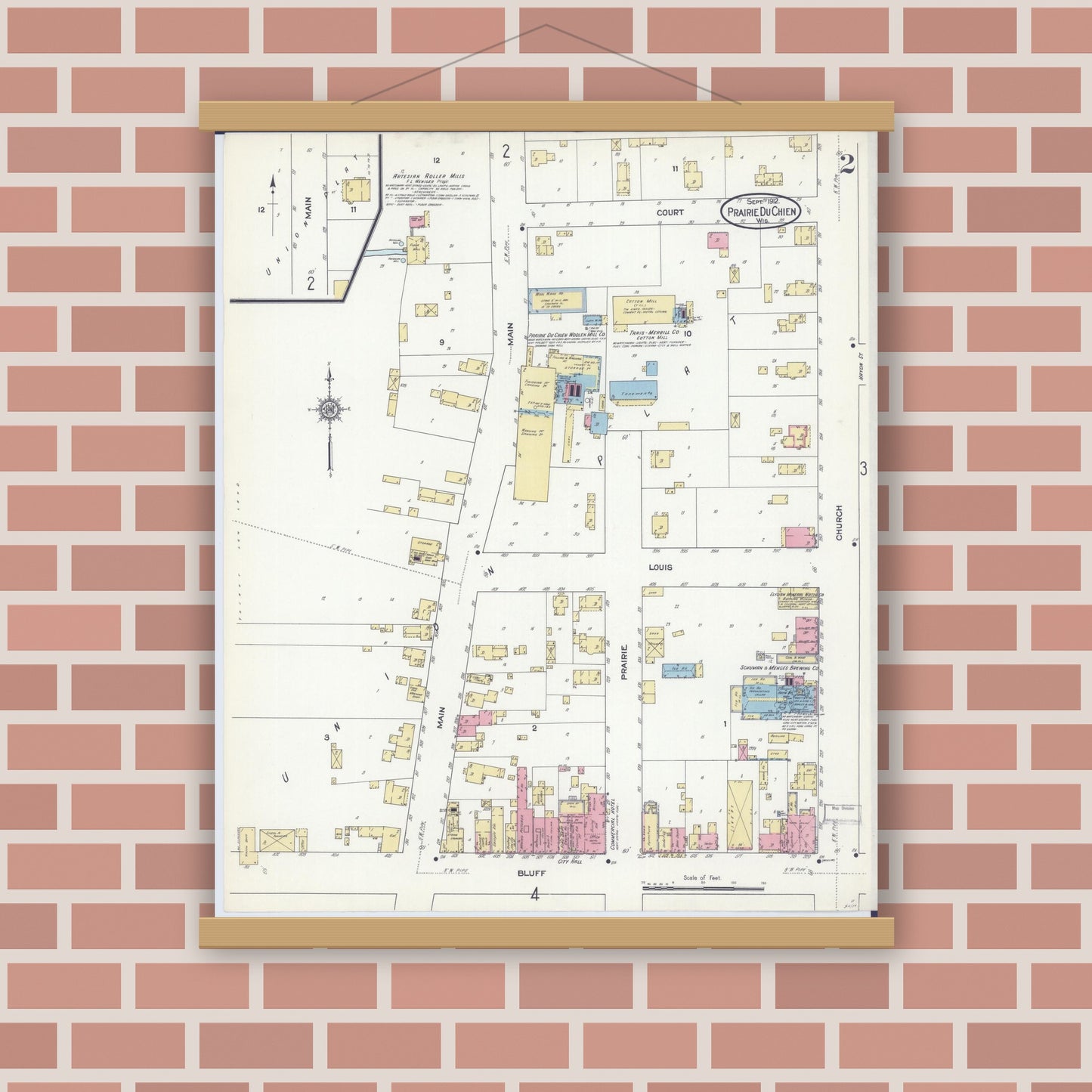 Old map wall art mockup — magnetic wood frame on brick wall — Sanborn Fire Insurance Map from Prairie du Chien, Crawford County, Wisconsin (1912), Sheet #0002