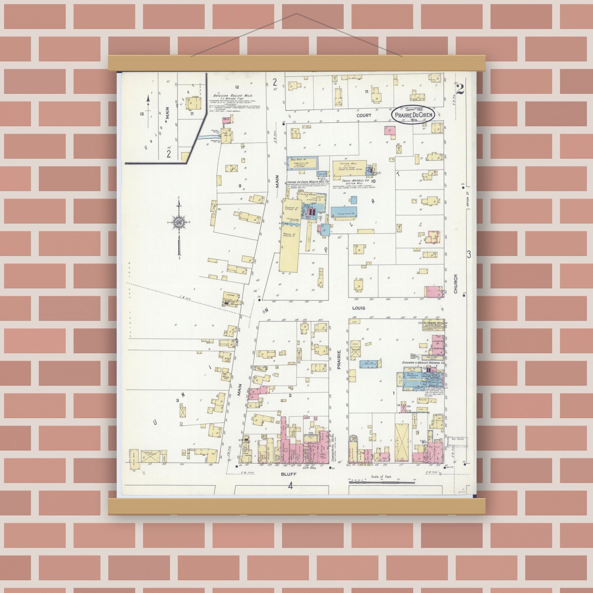 Old map wall art mockup — magnetic wood frame on brick wall — Sanborn Fire Insurance Map from Prairie du Chien, Crawford County, Wisconsin (1912), Sheet #0002