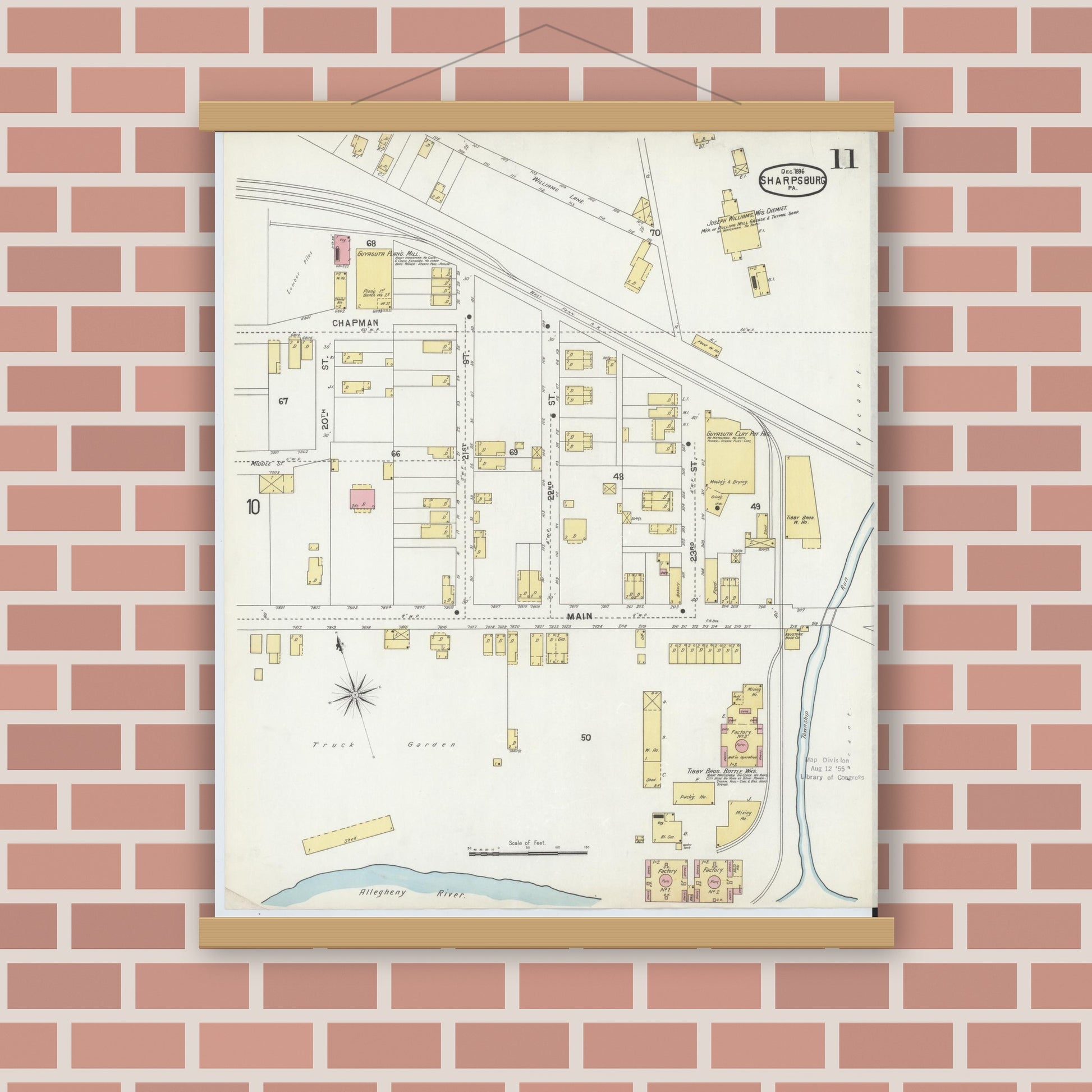 Old map wall art mockup — magnetic wood frame on brick wall — Sanborn Fire Insurance Map from Sharpsburg, Allegheny County, Pennsylvania (1896), Sheet #0011