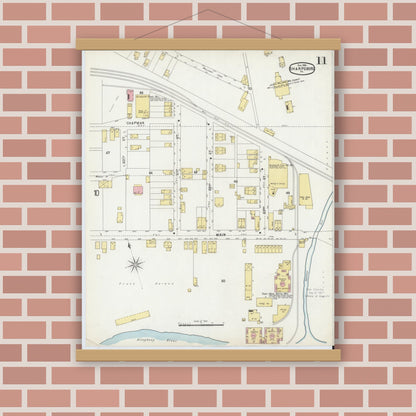 Old map wall art mockup — magnetic wood frame on brick wall — Sanborn Fire Insurance Map from Sharpsburg, Allegheny County, Pennsylvania (1896), Sheet #0011