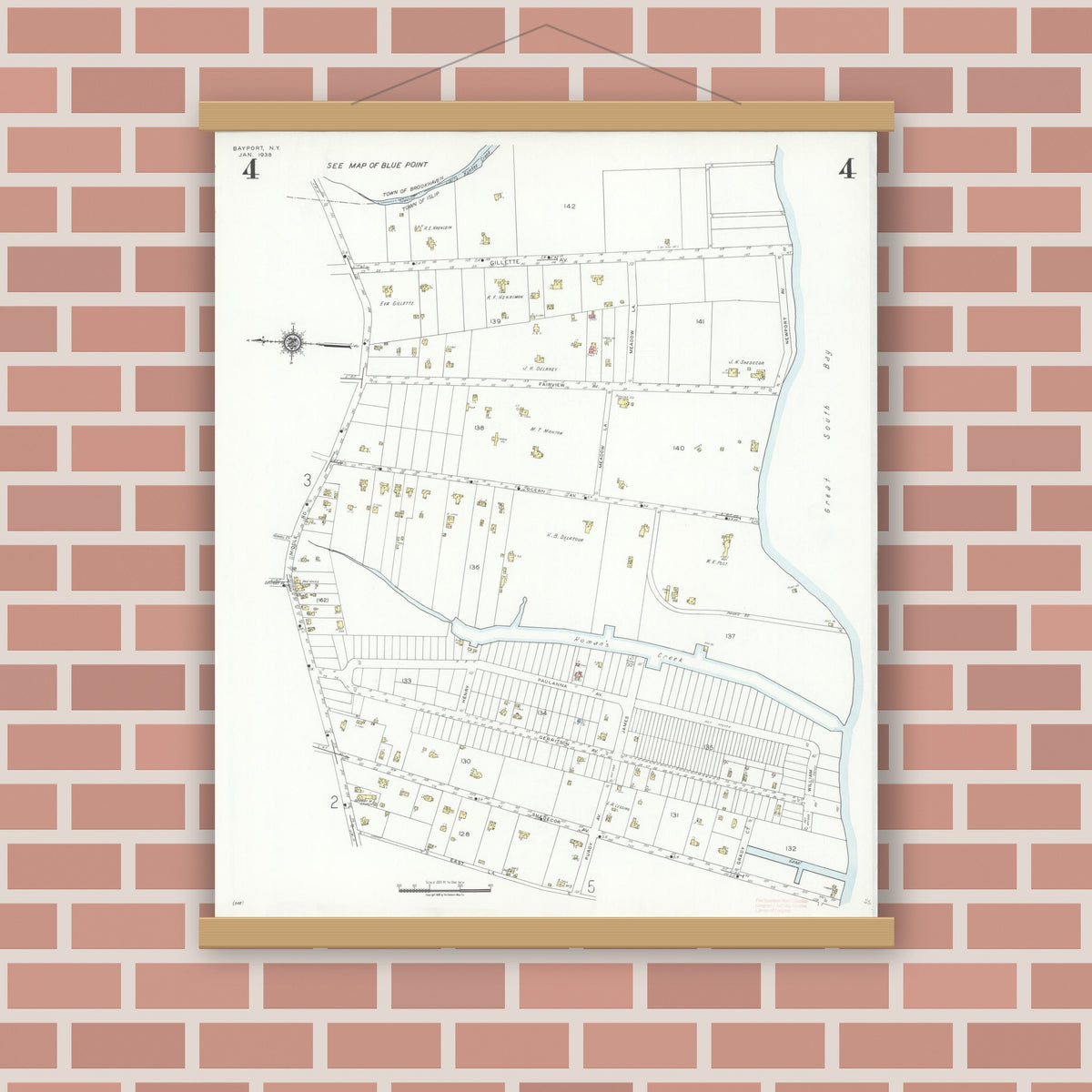 Old map wall art mockup — magnetic wood frame on brick wall — Sanborn Fire Insurance Map from Bayport, Suffolk County, New York (1938), Sheet #0004
