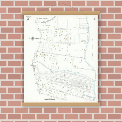 Old map wall art mockup — magnetic wood frame on brick wall — Sanborn Fire Insurance Map from Bayport, Suffolk County, New York (1938), Sheet #0004