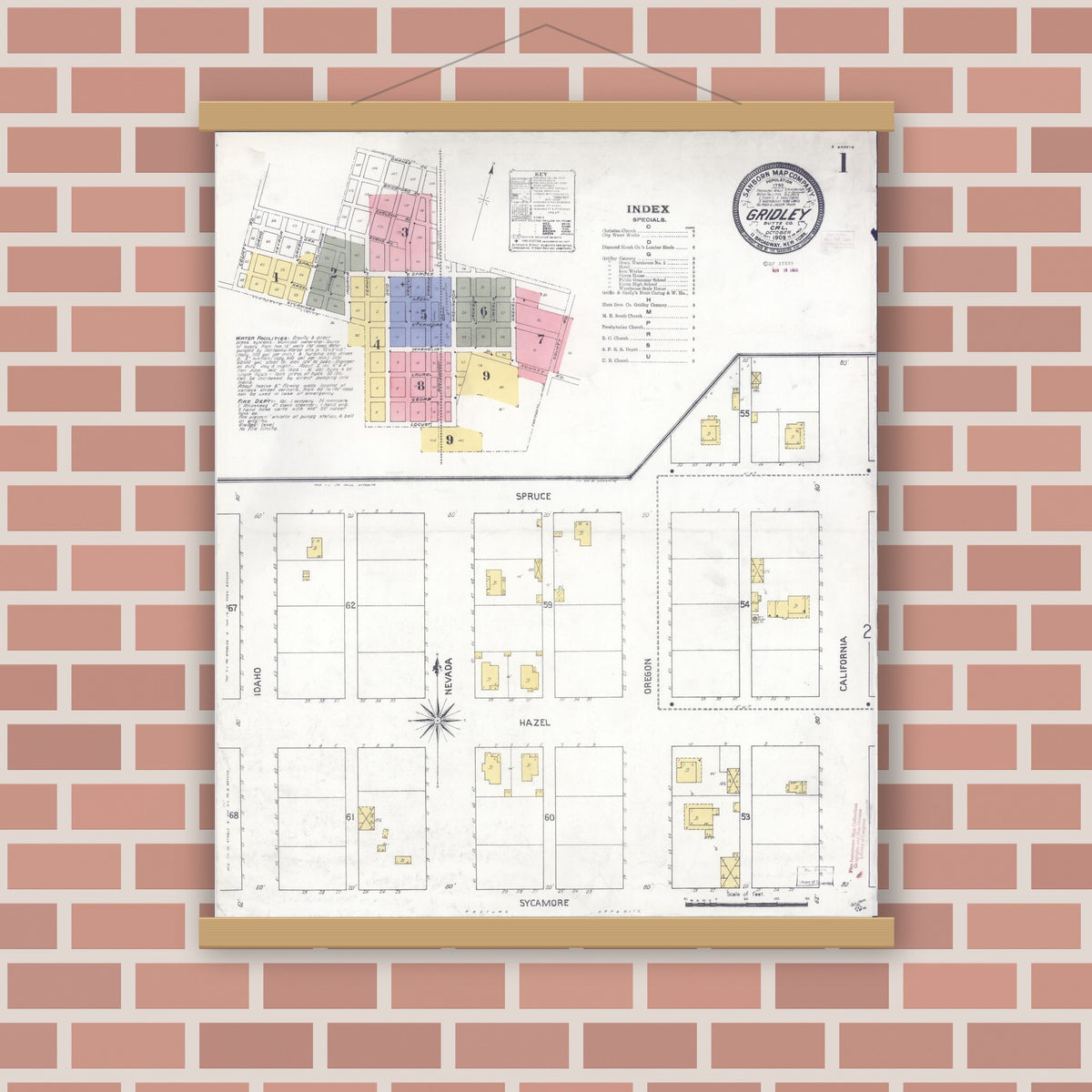 Old map wall art mockup — magnetic wood frame on brick wall — Sanborn Fire Insurance Map from Gridley, Butte County, California (1909), Sheet #0001