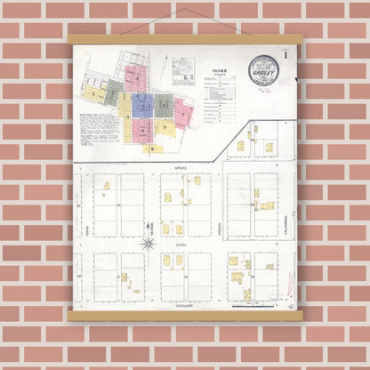 Old map wall art mockup — magnetic wood frame on brick wall — Sanborn Fire Insurance Map from Gridley, Butte County, California (1909), Sheet #0001