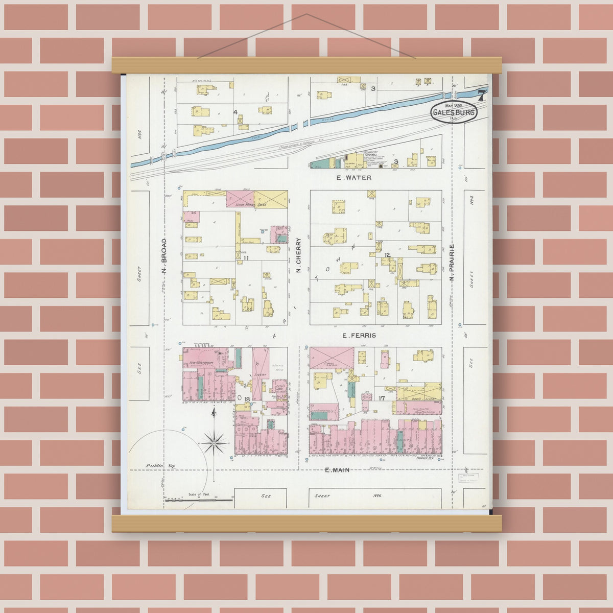 Old map wall art mockup — magnetic wood frame on brick wall — Sanborn Fire Insurance Map from Galesburg, Knox County, Illinois (1892), Sheet #0007