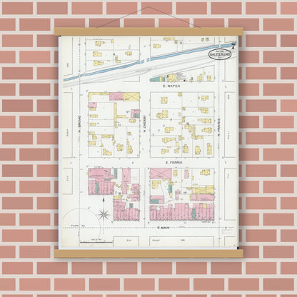 Old map wall art mockup — magnetic wood frame on brick wall — Sanborn Fire Insurance Map from Galesburg, Knox County, Illinois (1892), Sheet #0007