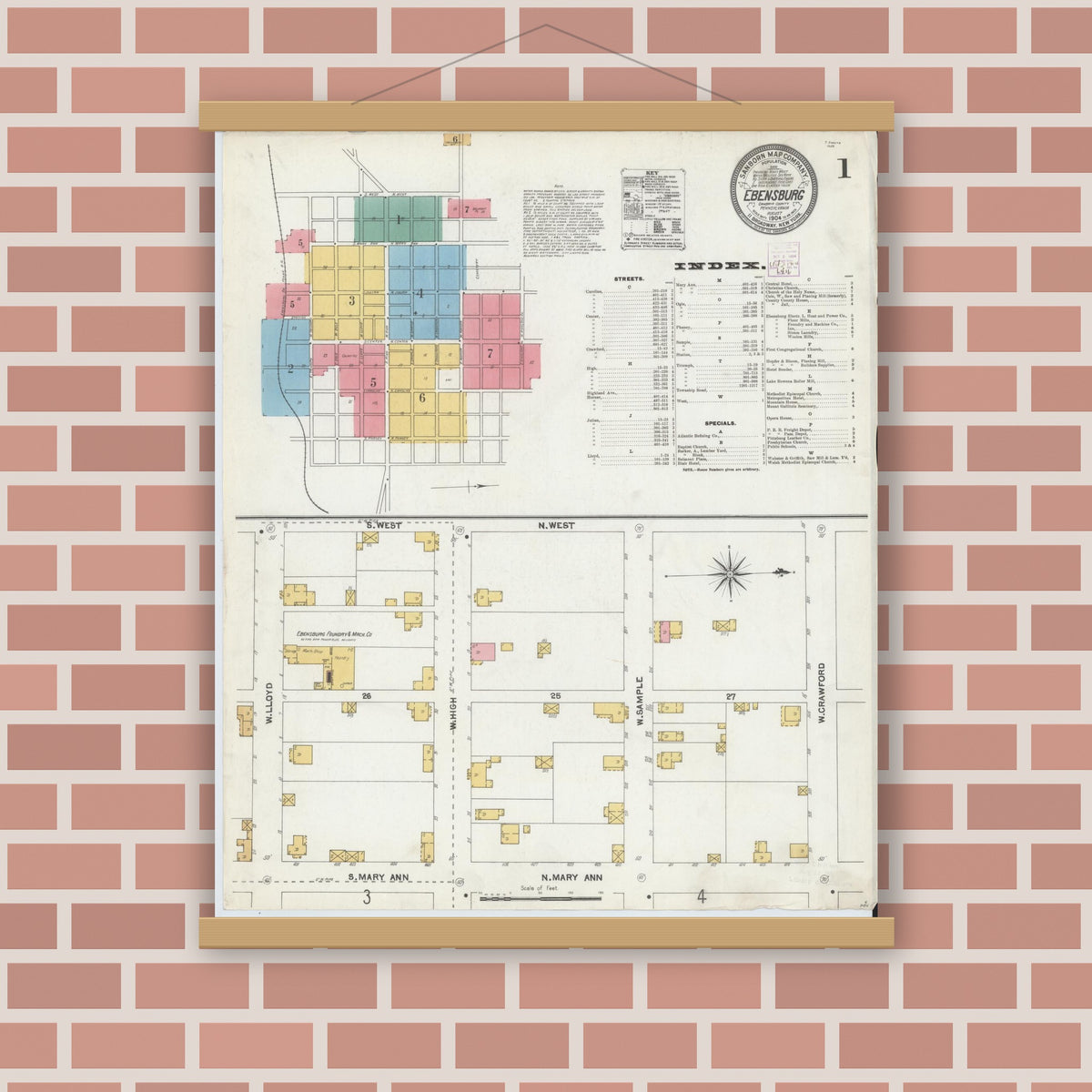 Old map wall art mockup — magnetic wood frame on brick wall — Sanborn Fire Insurance Map from Ebensburg, Cambria County, Pennsylvania (1904) - Complete Map Set