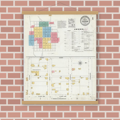 Old map wall art mockup — magnetic wood frame on brick wall — Sanborn Fire Insurance Map from Ebensburg, Cambria County, Pennsylvania (1904) - Complete Map Set
