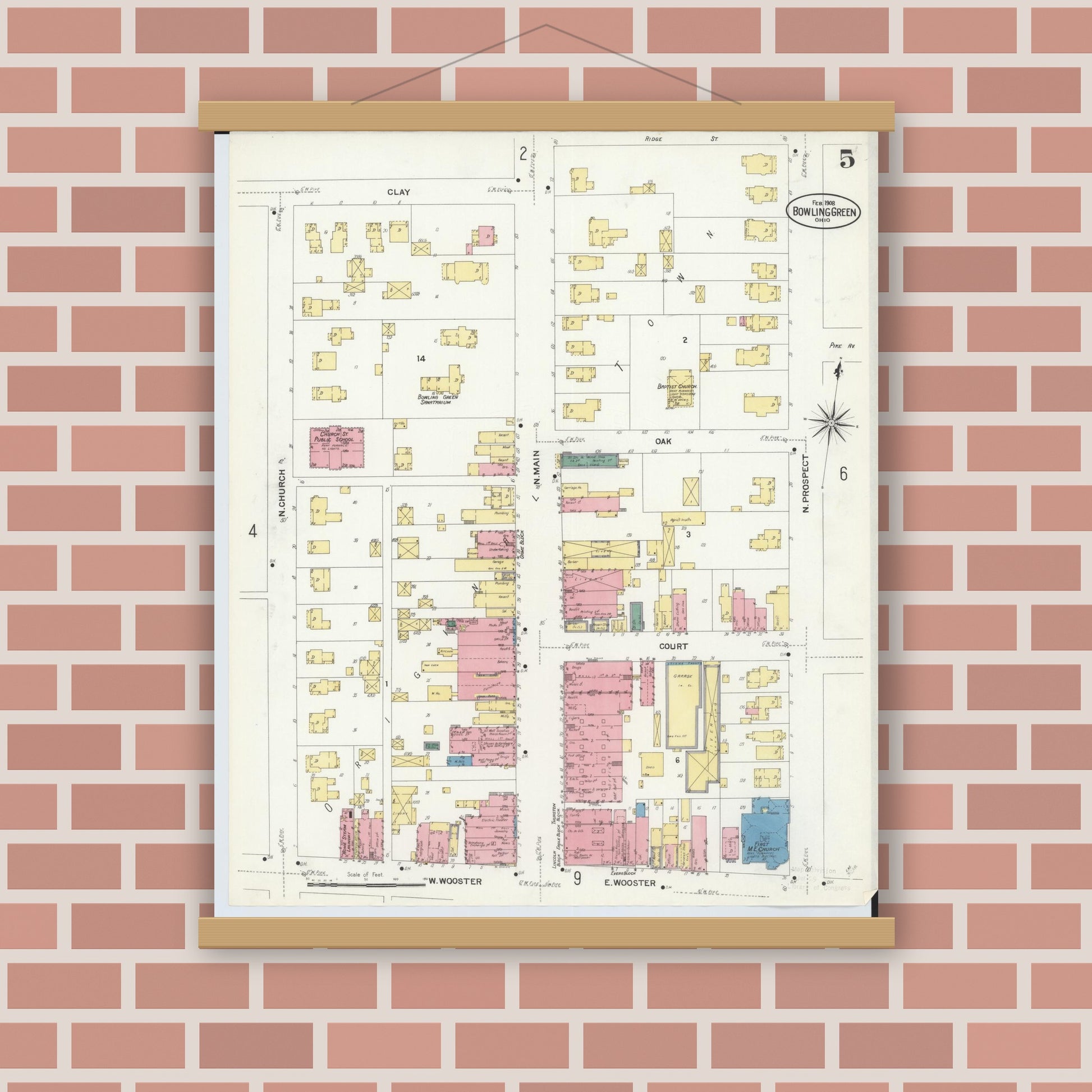 Old map wall art mockup — magnetic wood frame on brick wall — Sanborn Fire Insurance Map from Bowling Green, Wood County, Ohio (1908), Sheet #0005