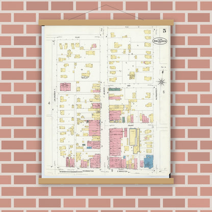 Old map wall art mockup — magnetic wood frame on brick wall — Sanborn Fire Insurance Map from Bowling Green, Wood County, Ohio (1908), Sheet #0005