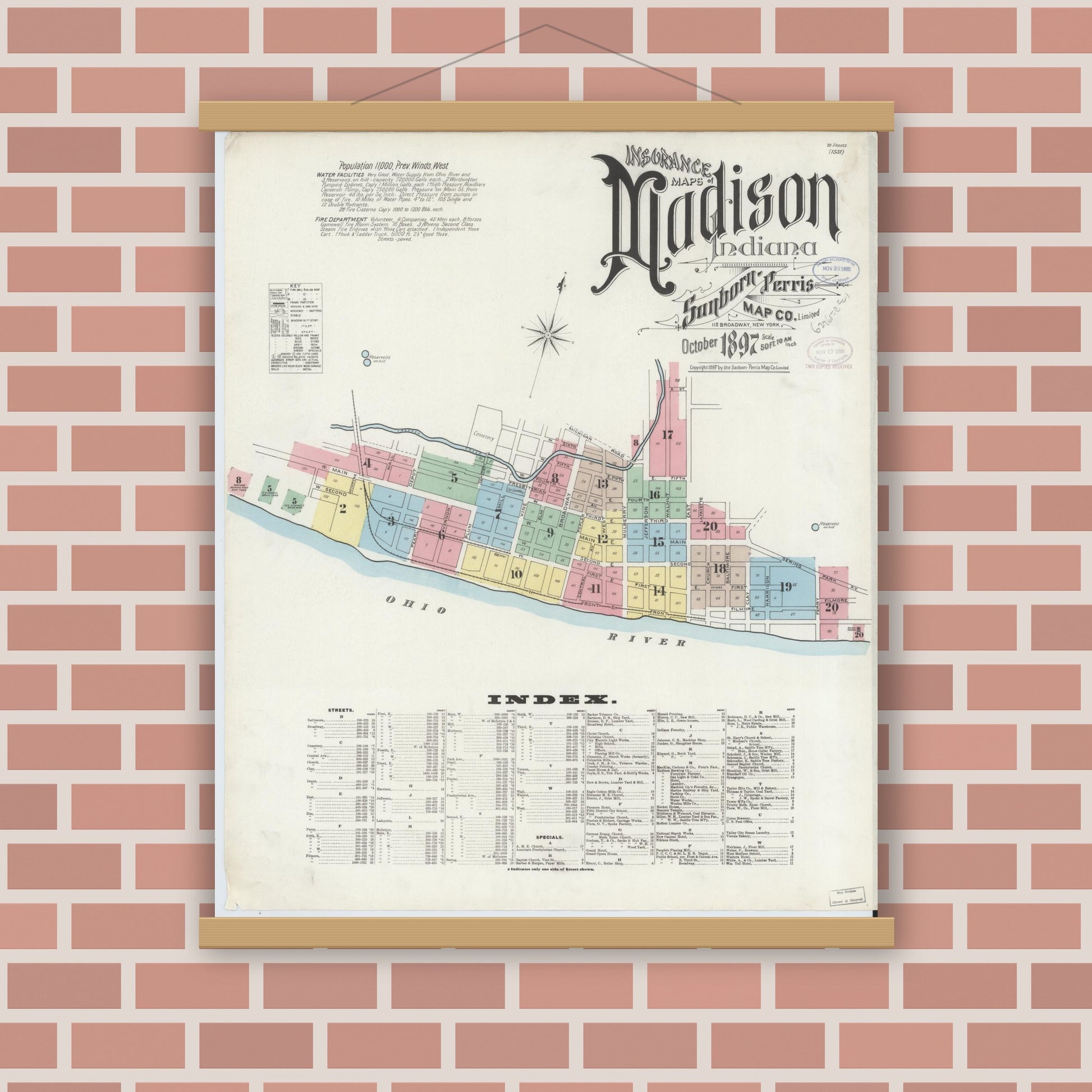 Old map wall art mockup — magnetic wood frame on brick wall — Sanborn Fire Insurance Map from Madison, Jefferson County, Indiana (1897), Sheet #0001