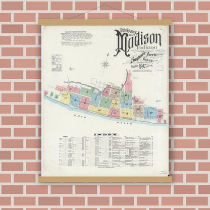 Old map wall art mockup — magnetic wood frame on brick wall — Sanborn Fire Insurance Map from Madison, Jefferson County, Indiana (1897), Sheet #0001