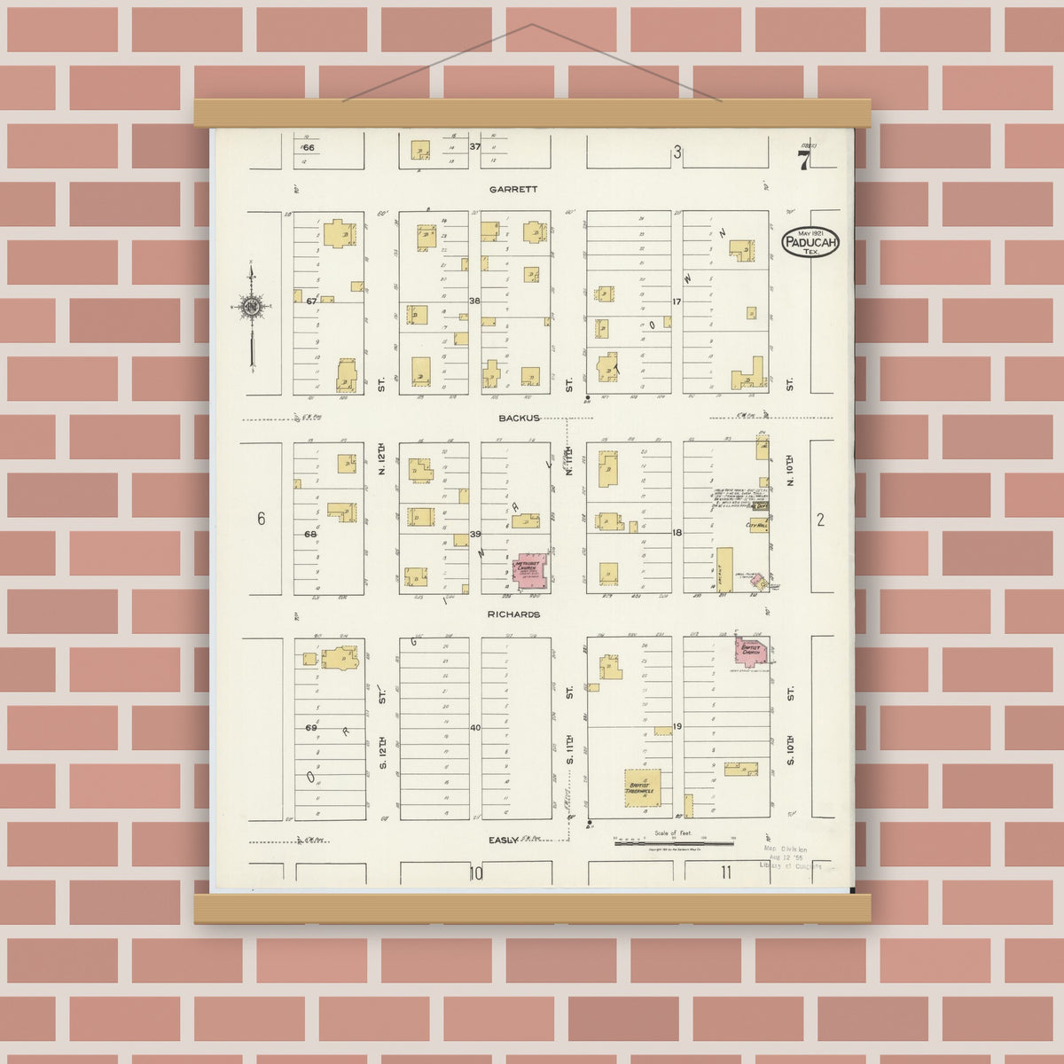 Old map wall art mockup — magnetic wood frame on brick wall — Sanborn Fire Insurance Map from Paducah, Cottle County, Texas (1921), Sheet #0007