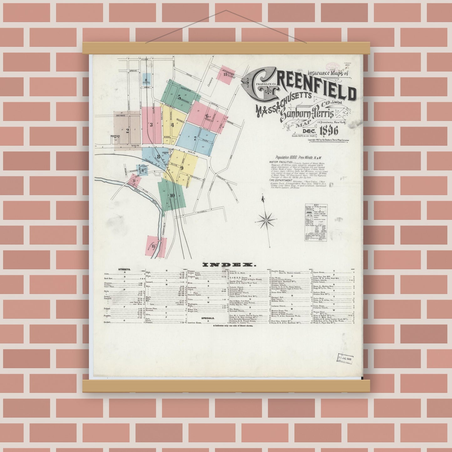 Old map wall art mockup — magnetic wood frame on brick wall — Sanborn Fire Insurance Map from Greenfield, Franklin County, Massachusetts (1896), Sheet #0001