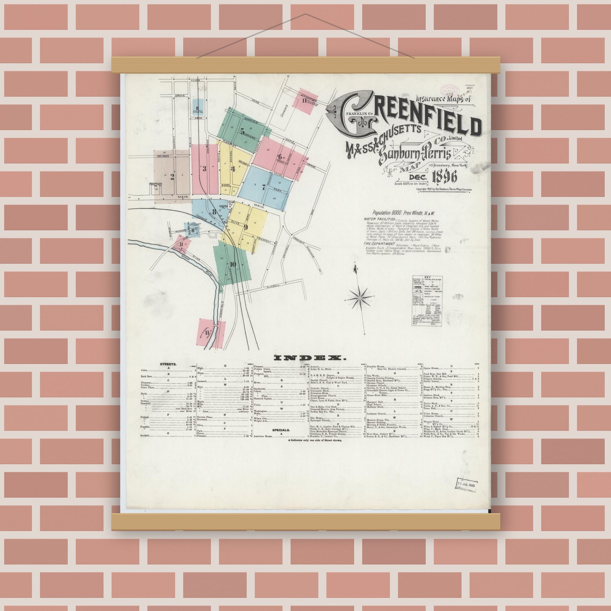 Old map wall art mockup — magnetic wood frame on brick wall — Sanborn Fire Insurance Map from Greenfield, Franklin County, Massachusetts (1896), Sheet #0001