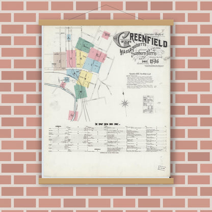 Old map wall art mockup — magnetic wood frame on brick wall — Sanborn Fire Insurance Map from Greenfield, Franklin County, Massachusetts (1896), Sheet #0001