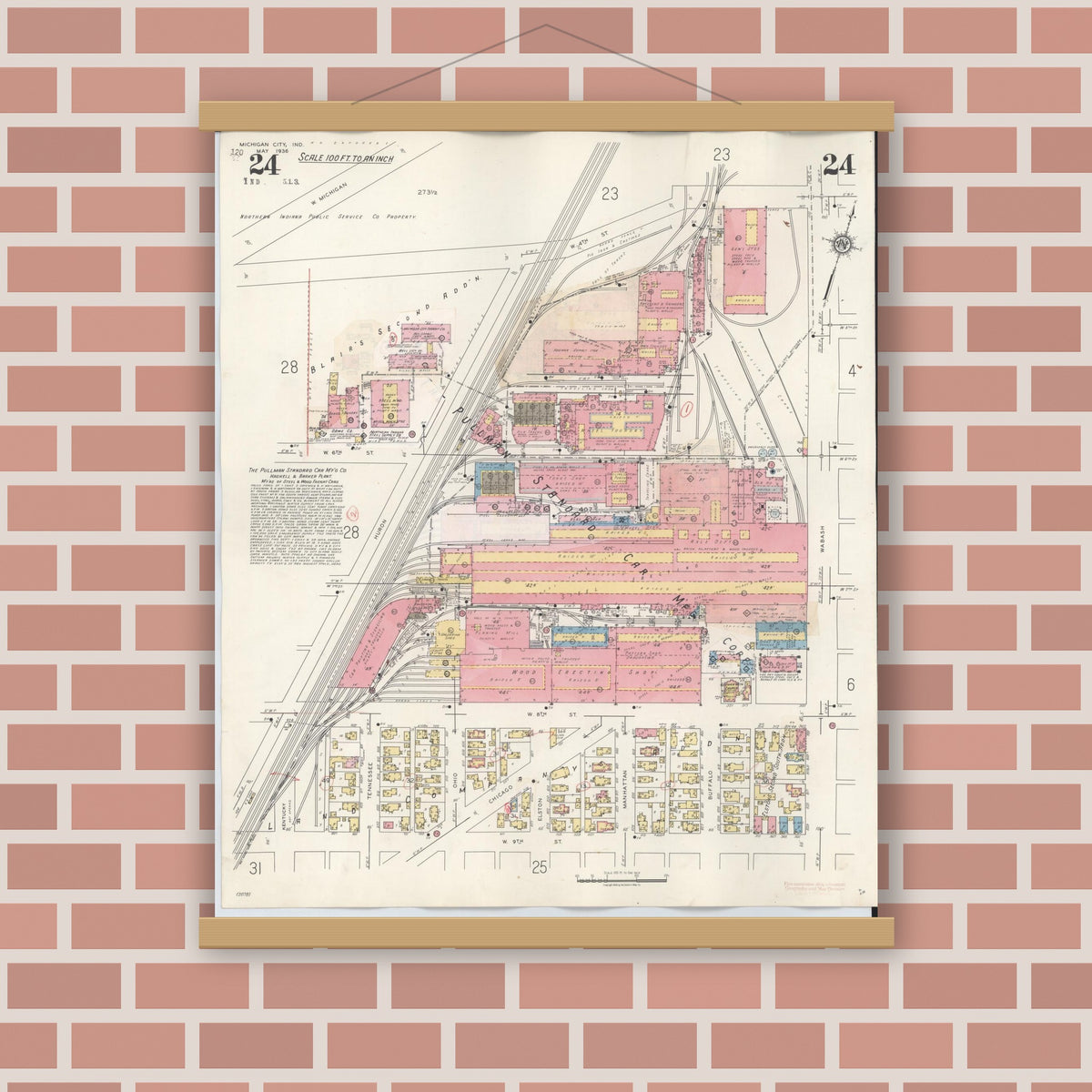 Old map wall art mockup — magnetic wood frame on brick wall — Sanborn Fire Insurance Map from Michigan City, La Porte County, Indiana (1948), Sheet #0024