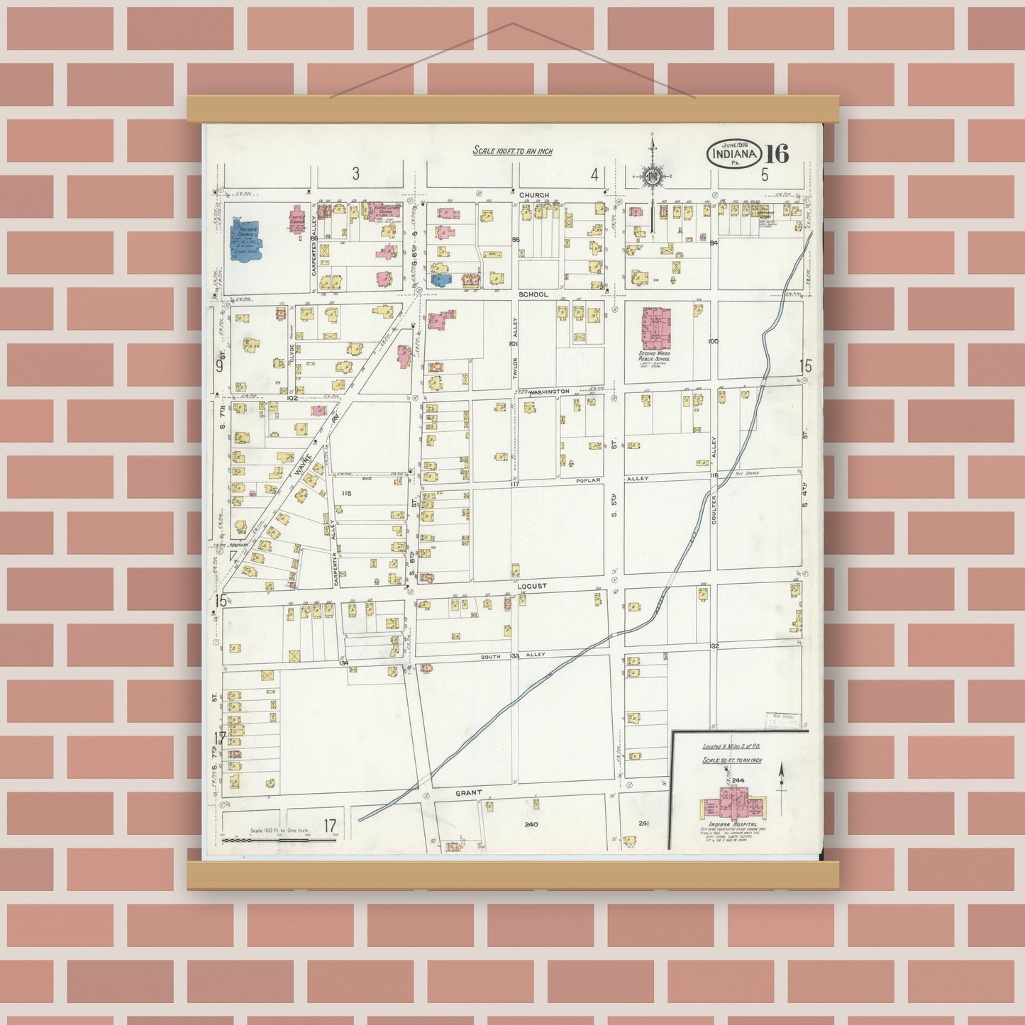 Old map wall art mockup — magnetic wood frame on brick wall — Sanborn Fire Insurance Map from Indiana, Indiana County, Pennsylvania (1916), Sheet #0016