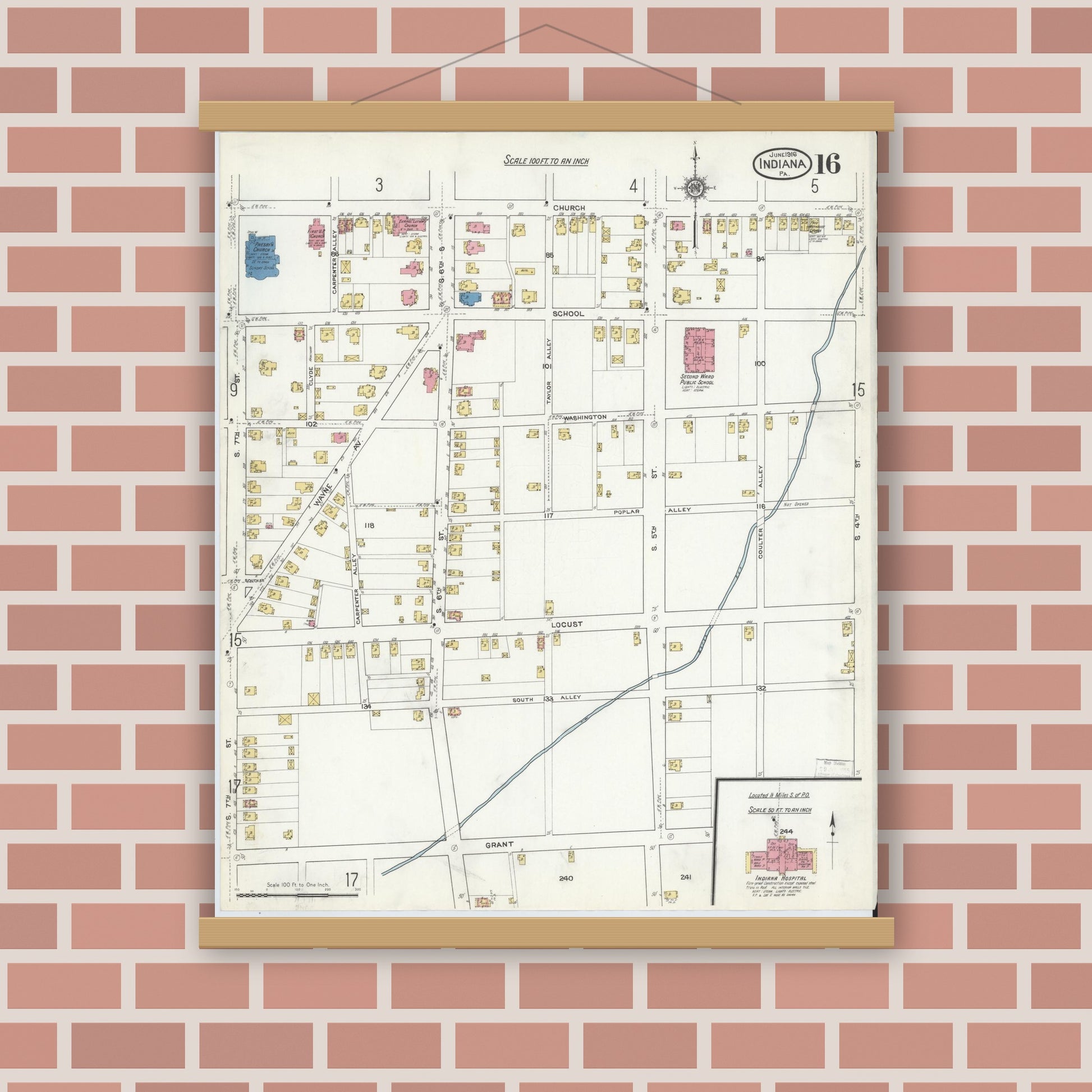 Old map wall art mockup — magnetic wood frame on brick wall — Sanborn Fire Insurance Map from Indiana, Indiana County, Pennsylvania (1916), Sheet #0016