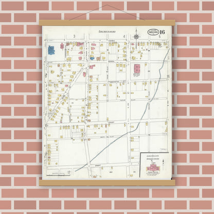 Old map wall art mockup — magnetic wood frame on brick wall — Sanborn Fire Insurance Map from Indiana, Indiana County, Pennsylvania (1916), Sheet #0016
