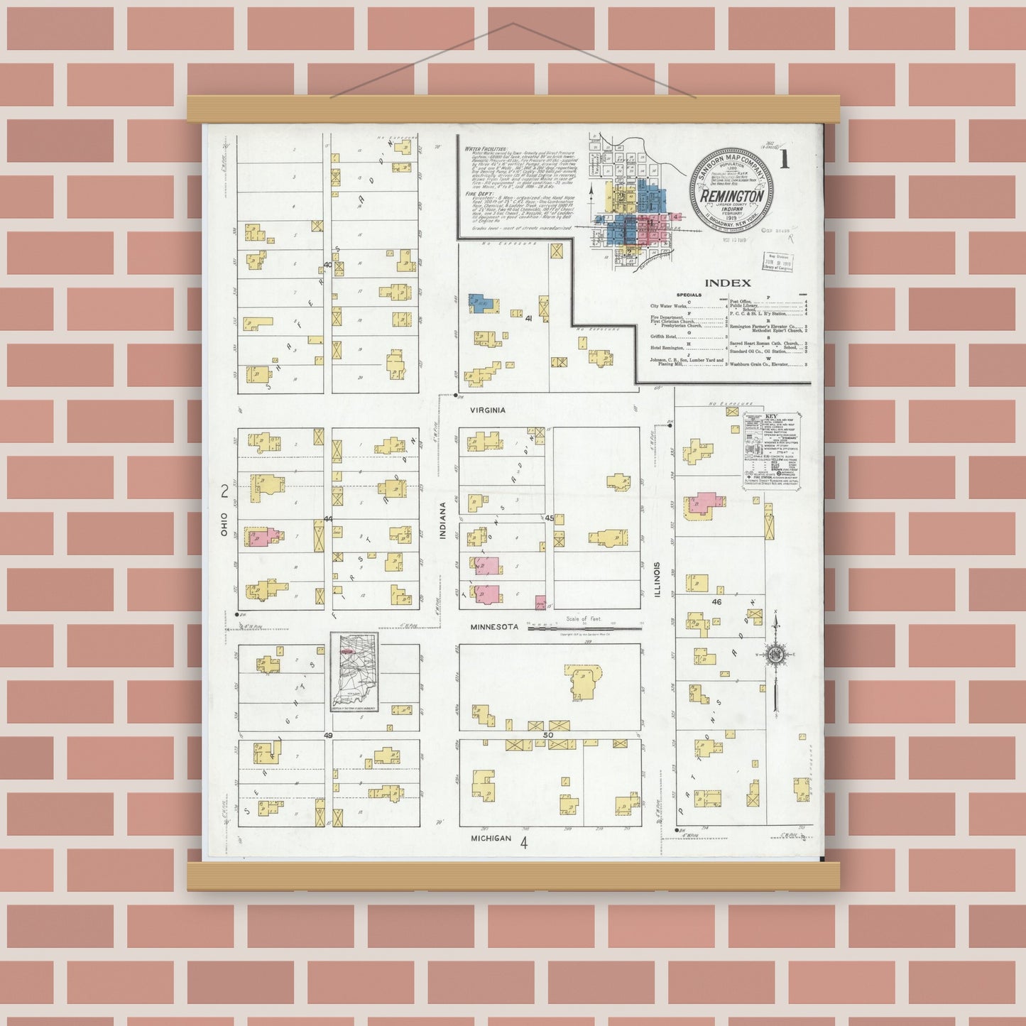 Old map wall art mockup — magnetic wood frame on brick wall — Sanborn Fire Insurance Map from Remington, Jasper County, Indiana (1919) - Complete Map Set
