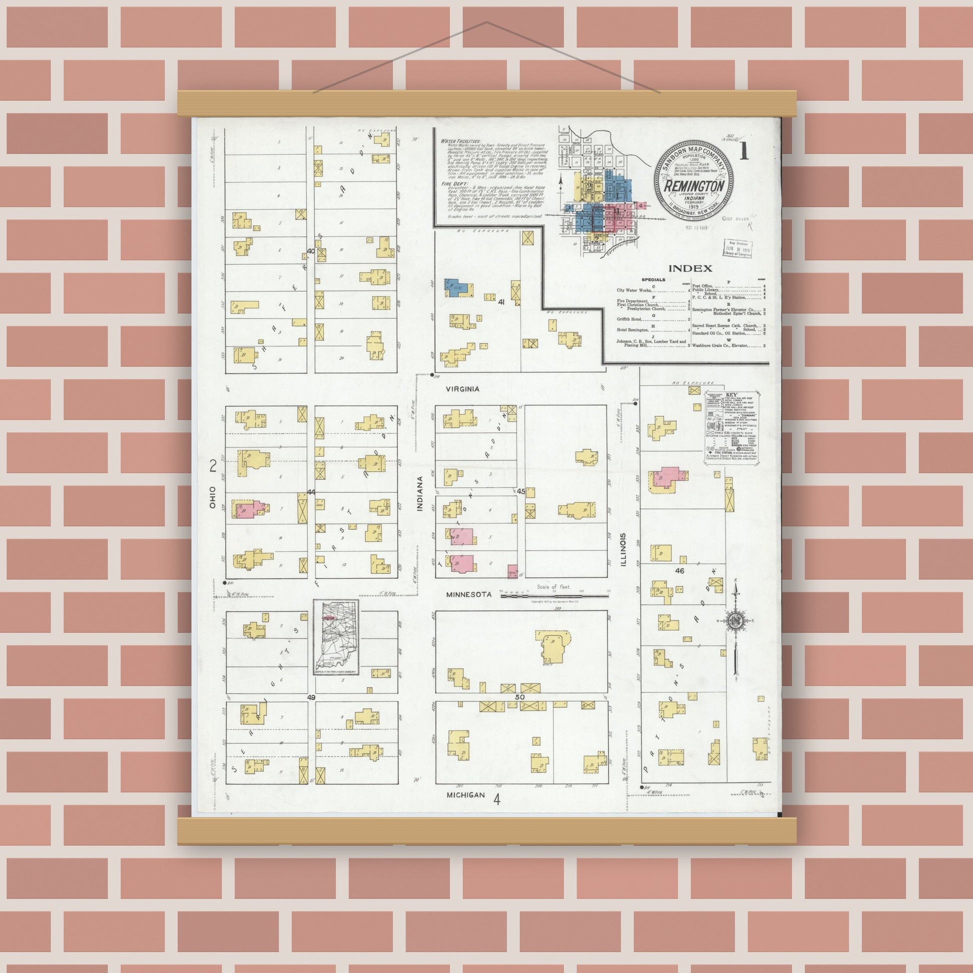 Old map wall art mockup — magnetic wood frame on brick wall — Sanborn Fire Insurance Map from Remington, Jasper County, Indiana (1919) - Complete Map Set