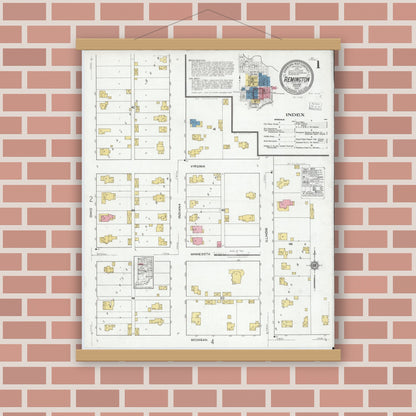 Old map wall art mockup — magnetic wood frame on brick wall — Sanborn Fire Insurance Map from Remington, Jasper County, Indiana (1919) - Complete Map Set