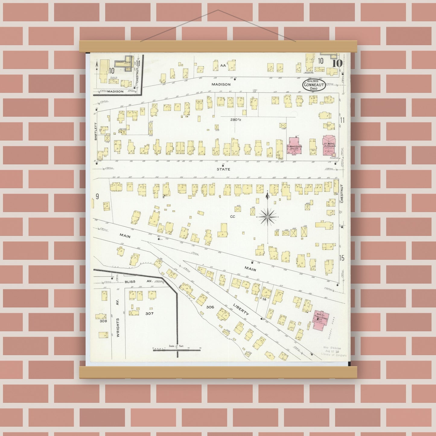 Old map wall art mockup — magnetic wood frame on brick wall — Sanborn Fire Insurance Map from Conneaut, Ashtabula County, Ohio (1909), Sheet #0010