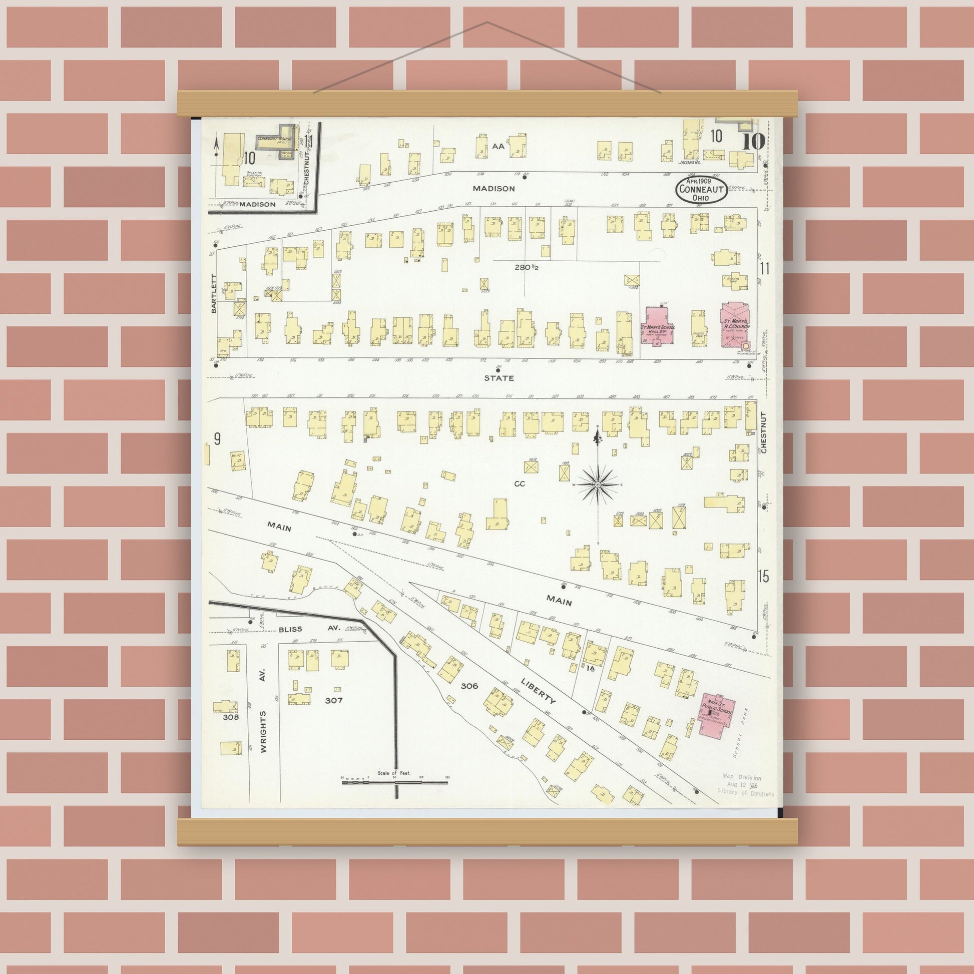 Old map wall art mockup — magnetic wood frame on brick wall — Sanborn Fire Insurance Map from Conneaut, Ashtabula County, Ohio (1909), Sheet #0010