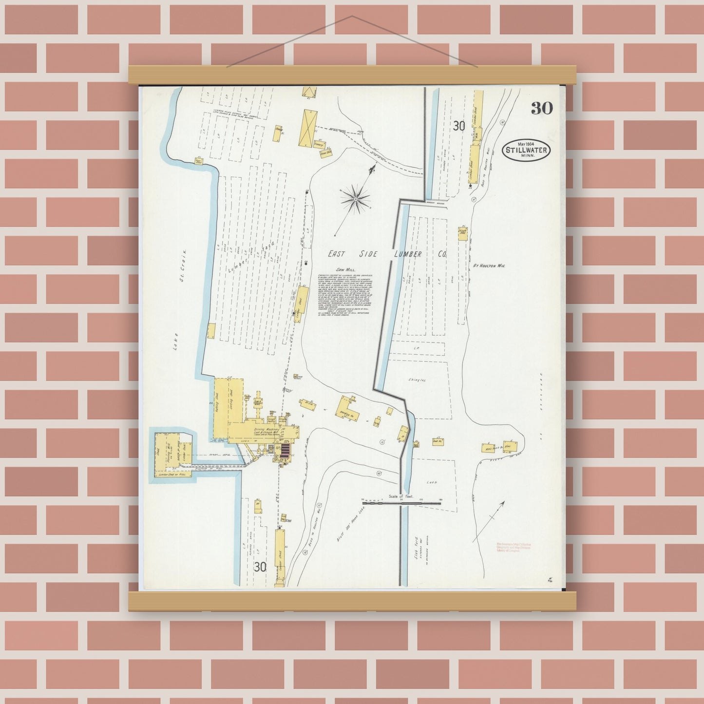 Old map wall art mockup — magnetic wood frame on brick wall — Sanborn Fire Insurance Map from Stillwater, Washington County, Minnesota (1904), Sheet #0030