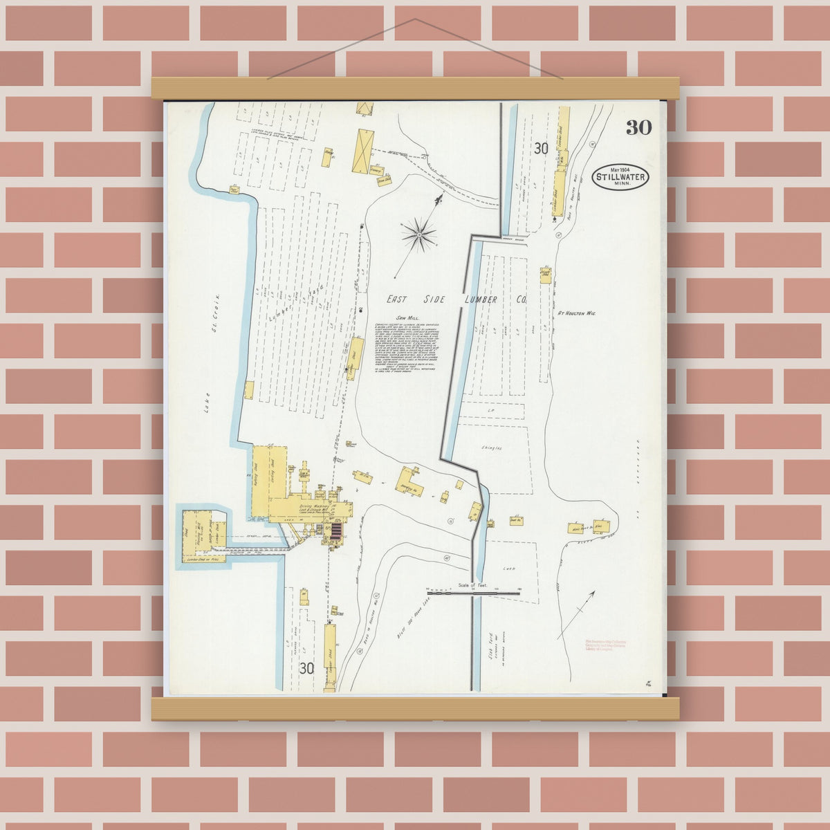 Old map wall art mockup — magnetic wood frame on brick wall — Sanborn Fire Insurance Map from Stillwater, Washington County, Minnesota (1904), Sheet #0030