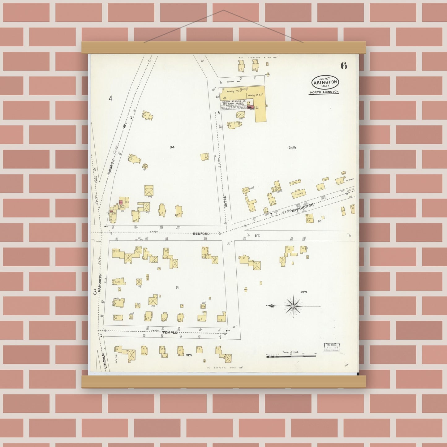 Old map wall art mockup — magnetic wood frame on brick wall — Sanborn Fire Insurance Map from Abington, Plymouth County, Massachusetts (1907), Sheet #0006