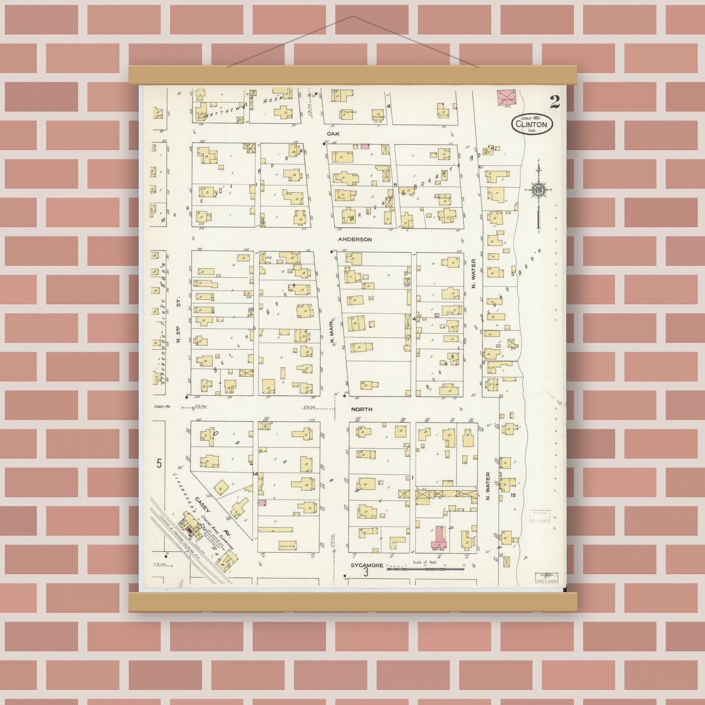Old map wall art mockup — magnetic wood frame on brick wall — Sanborn Fire Insurance Map from Clinton, Vermillion County, Indiana (1910), Sheet #0002