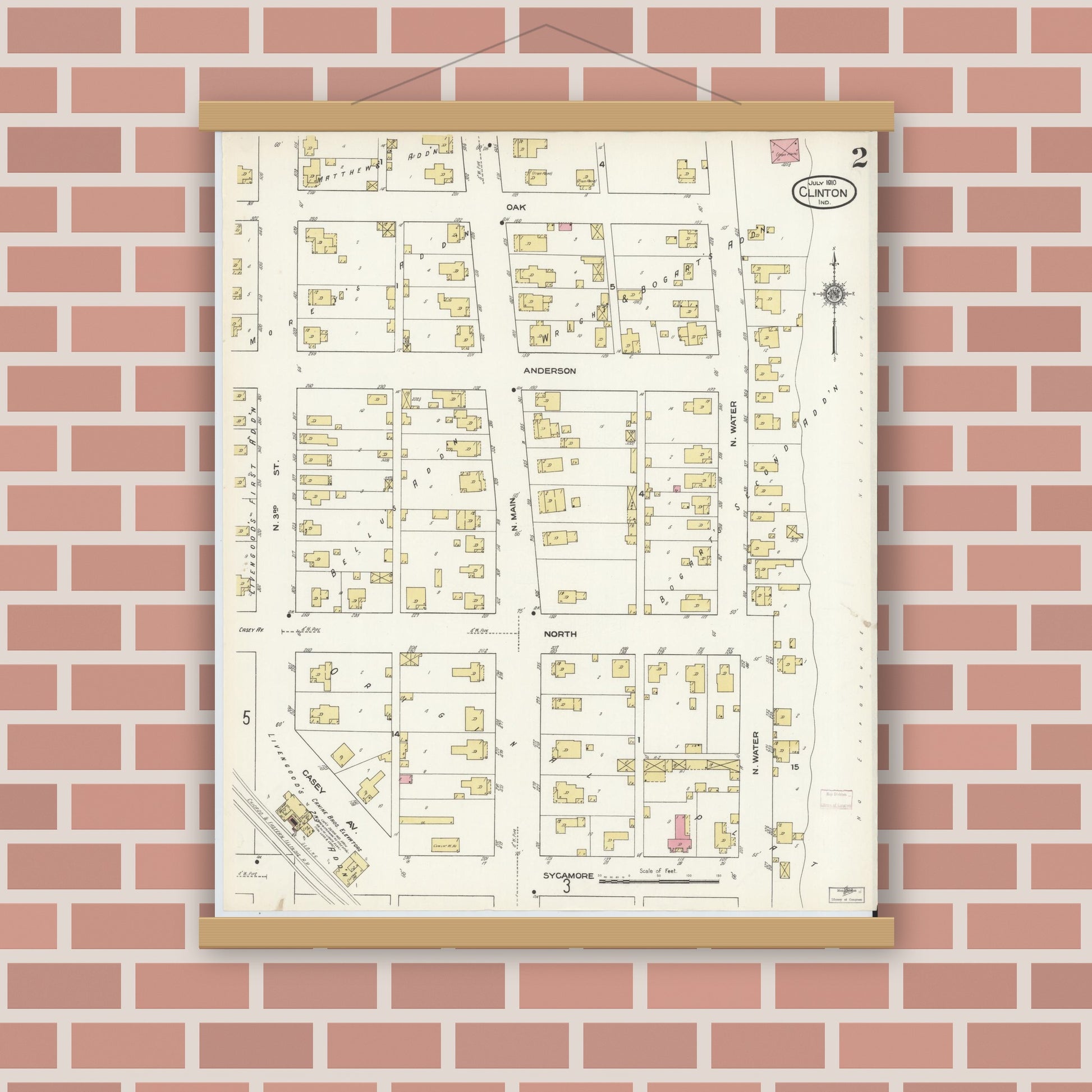 Old map wall art mockup — magnetic wood frame on brick wall — Sanborn Fire Insurance Map from Clinton, Vermillion County, Indiana (1910), Sheet #0002