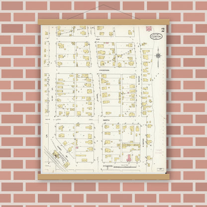 Old map wall art mockup — magnetic wood frame on brick wall — Sanborn Fire Insurance Map from Clinton, Vermillion County, Indiana (1910), Sheet #0002