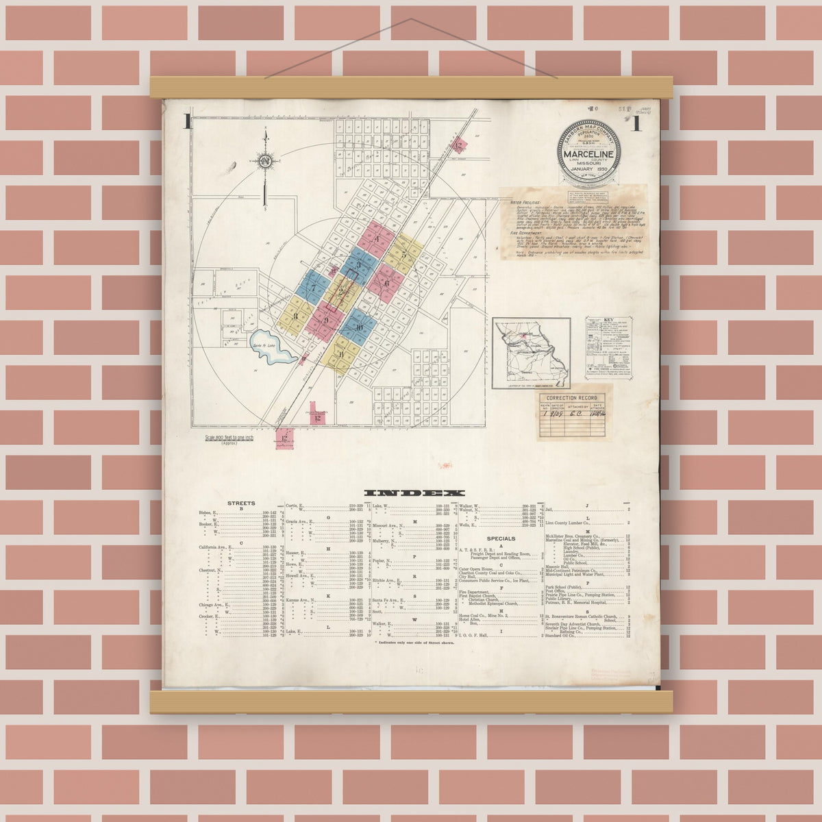 Old map wall art mockup — magnetic wood frame on brick wall — Sanborn Fire Insurance Map from Marceline, Linn County, Missouri (1939), Sheet #0001