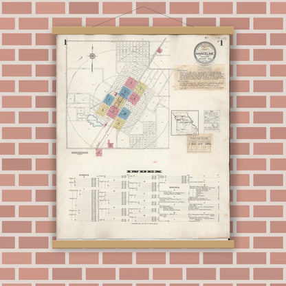 Old map wall art mockup — magnetic wood frame on brick wall — Sanborn Fire Insurance Map from Marceline, Linn County, Missouri (1939), Sheet #0001
